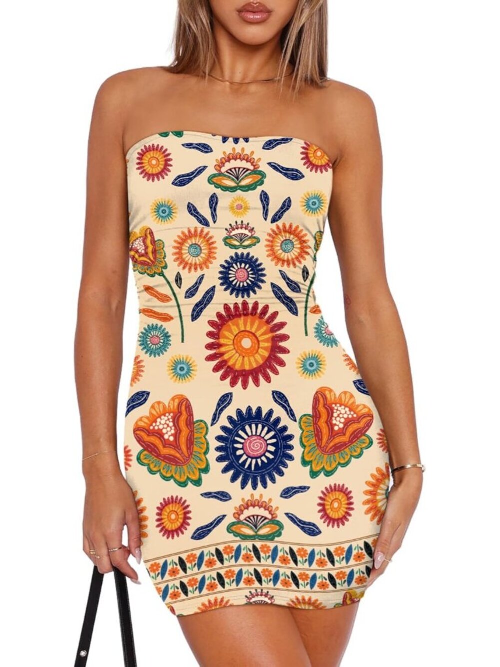 Women's Sunflowers Polyester Spandex Ruched Strapless Mini Bodycon Party Dress